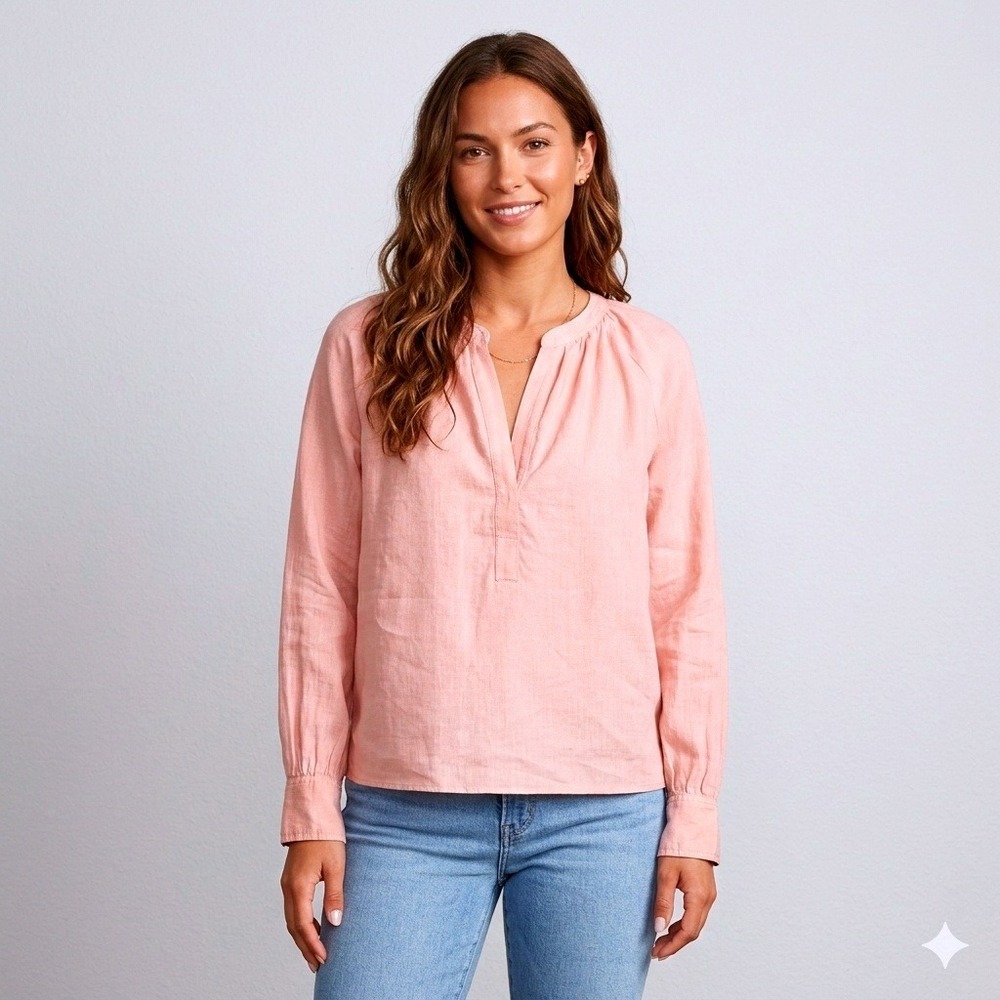 J. CREW 100% Linen Cabana‎ Top XL Peach Long Sleeves Poet Classic